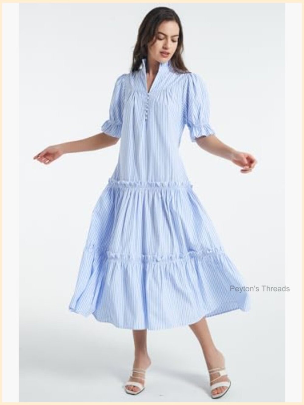 Women Casual Button Down Maxi Dress Short Puff Sleeves Stand Collar Tiered - Picture 4 of 7